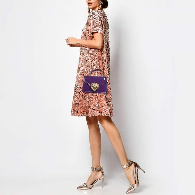 Pre Owned Dolce & Gabbana Purple Patent Leather Small Devotion Top Handle Bag