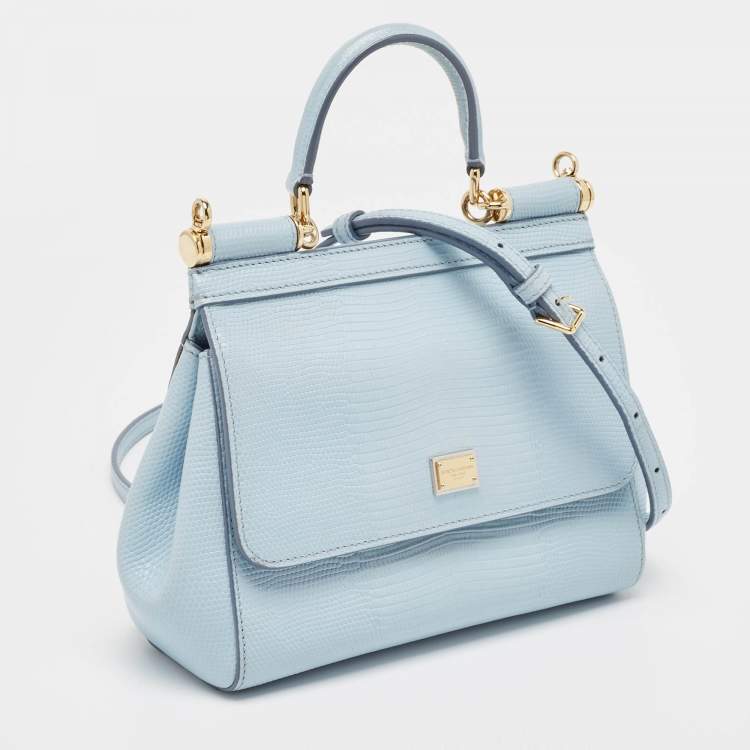 Pre Owned Dolce & Gabbana Light Blue Lizard Embossed Leather Small Miss Sicily Top Handle Bag