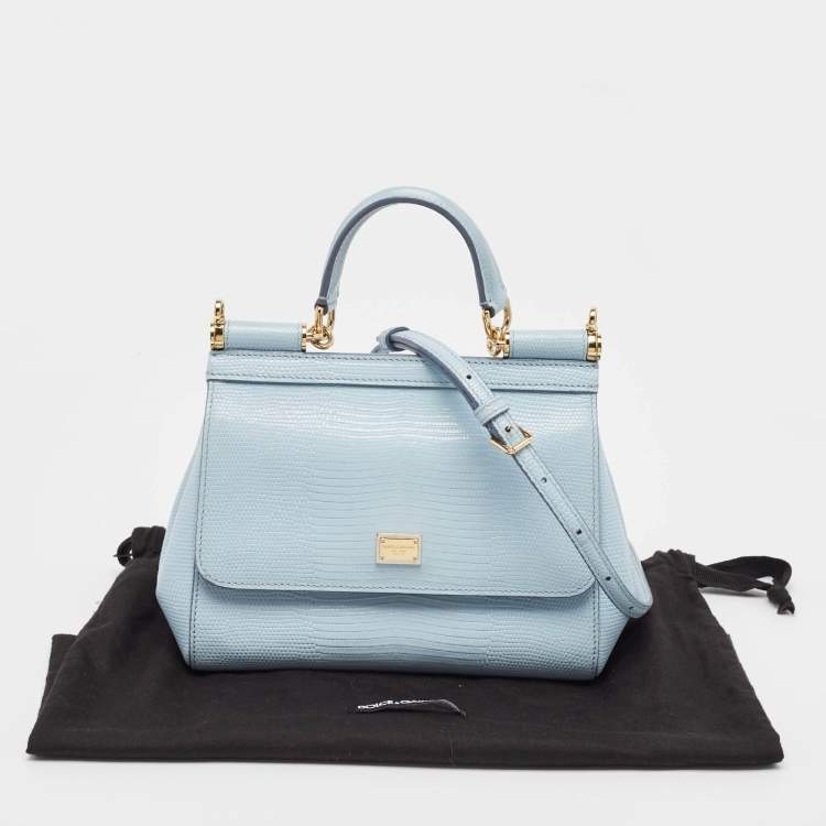 Pre Owned Dolce & Gabbana Light Blue Lizard Embossed Leather Small Miss Sicily Top Handle Bag