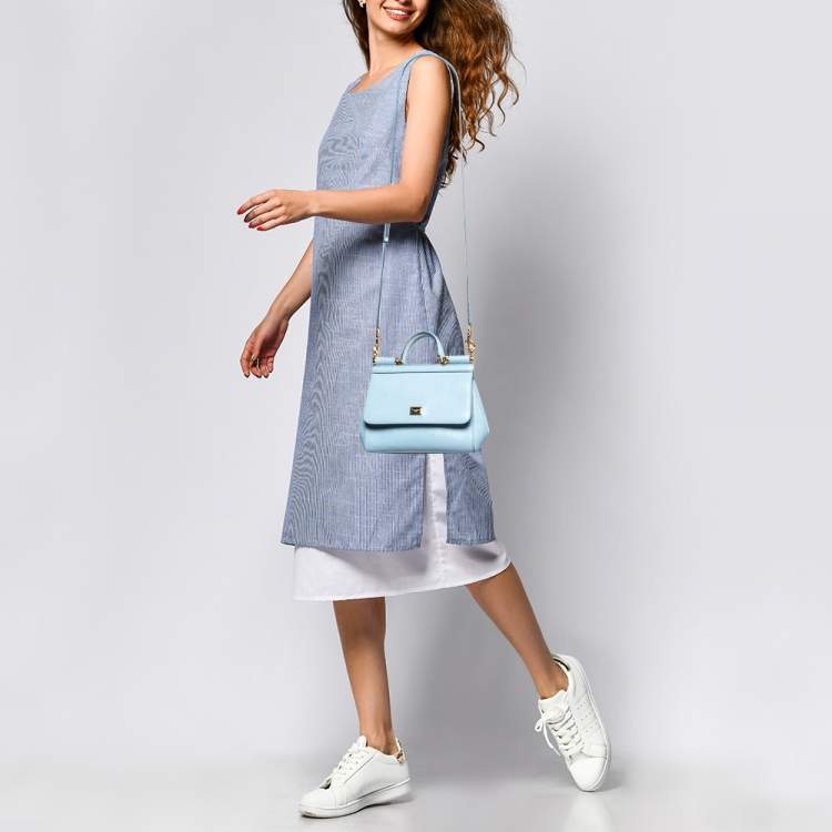 Pre Owned Dolce & Gabbana Light Blue Lizard Embossed Leather Small Miss Sicily Top Handle Bag