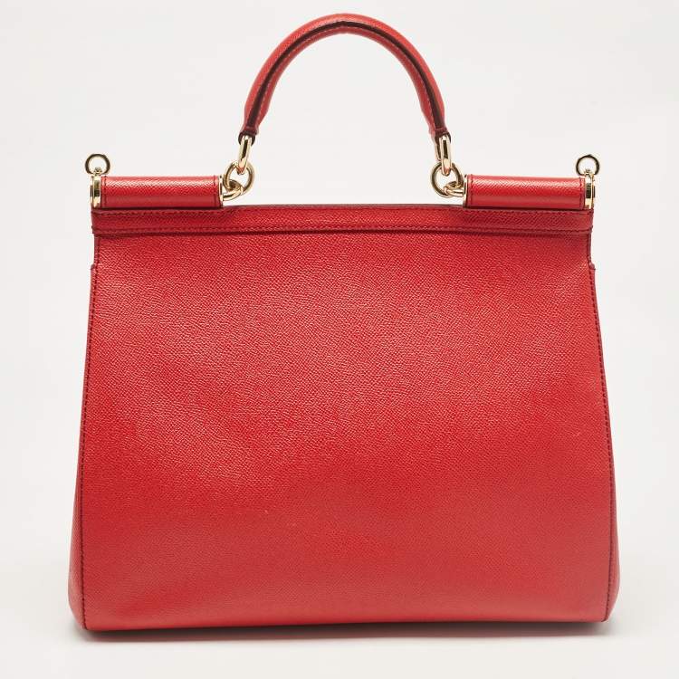Pre Owned Dolce & Gabbana Red Leather Large Miss Sicily Top Handle Bag
