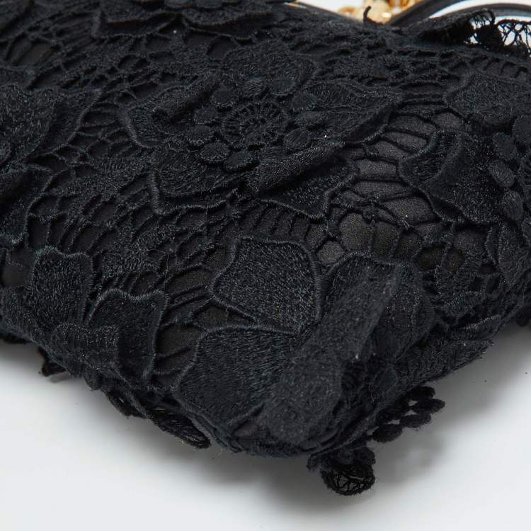 Pre Owned Dolce & Gabbana Black Lace and Leather Shoulder Bag
