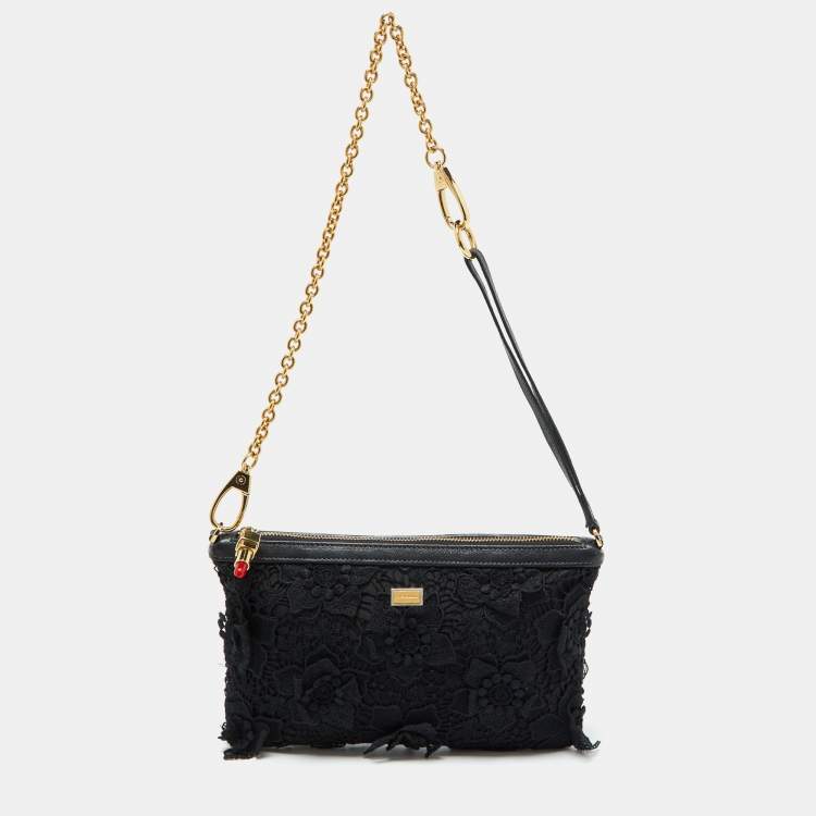 Pre Owned Dolce & Gabbana Black Lace and Leather Shoulder Bag
