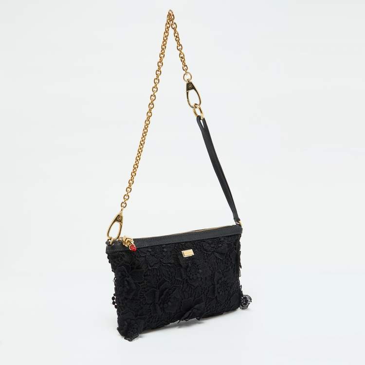 Pre Owned Dolce & Gabbana Black Lace and Leather Shoulder Bag