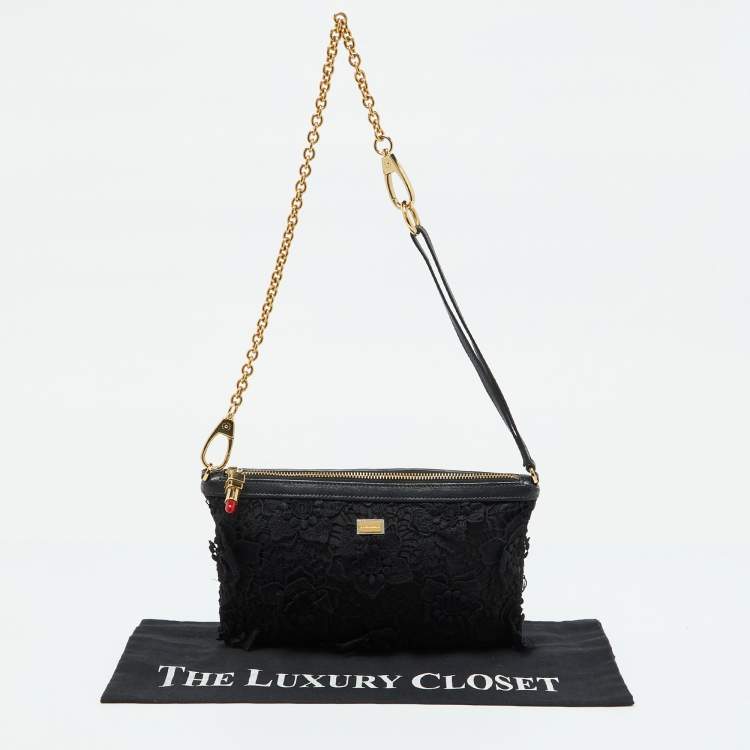 Pre Owned Dolce & Gabbana Black Lace and Leather Shoulder Bag