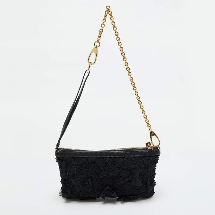 Pre Owned Dolce & Gabbana Black Lace and Leather Shoulder Bag