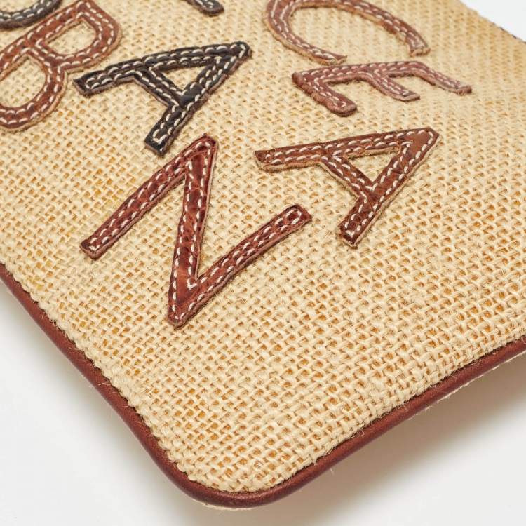 Pre Owned Dolce & Gabbana Beige/Brown Raffia and Leather Wristlet Clutch