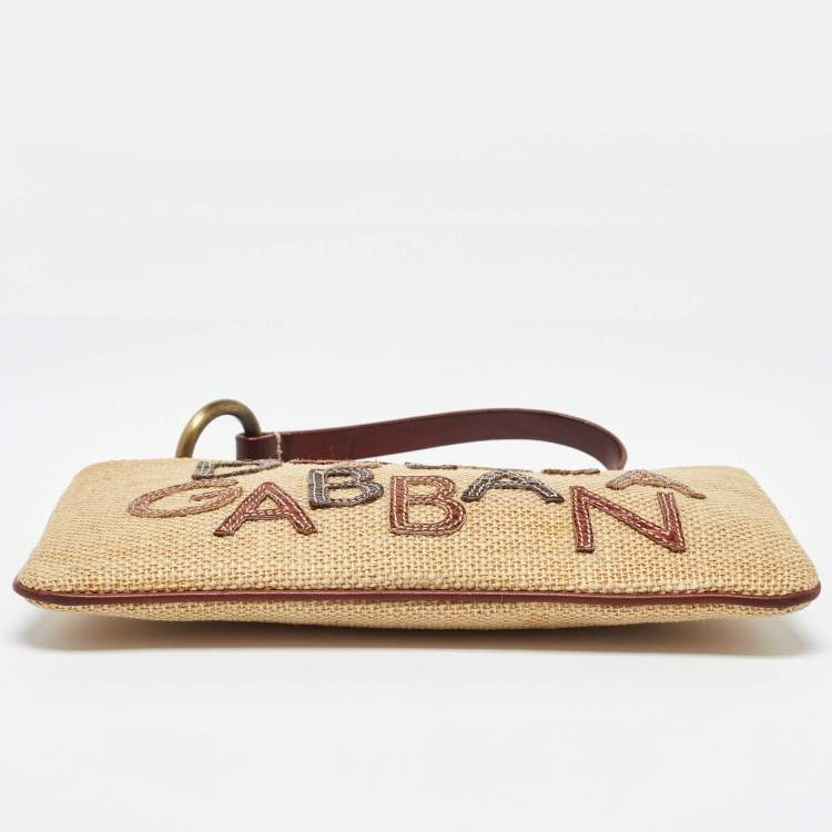 Pre Owned Dolce & Gabbana Beige/Brown Raffia and Leather Wristlet Clutch