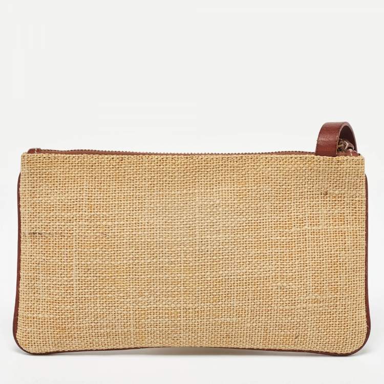 Pre Owned Dolce & Gabbana Beige/Brown Raffia and Leather Wristlet Clutch