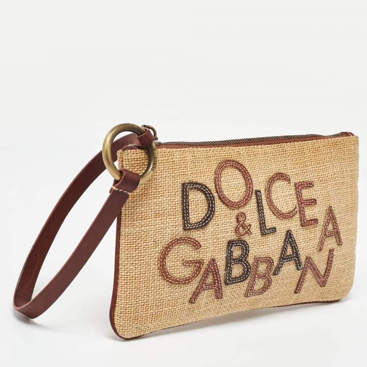 Pre Owned Dolce & Gabbana Beige/Brown Raffia and Leather Wristlet Clutch