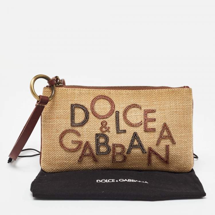 Pre Owned Dolce & Gabbana Beige/Brown Raffia and Leather Wristlet Clutch