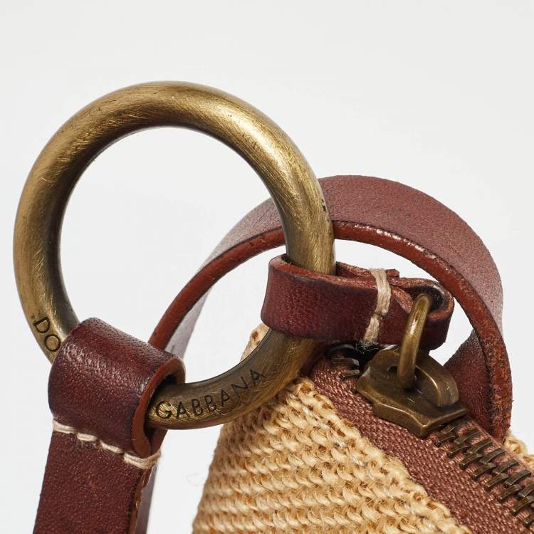 Pre Owned Dolce & Gabbana Beige/Brown Raffia and Leather Wristlet Clutch