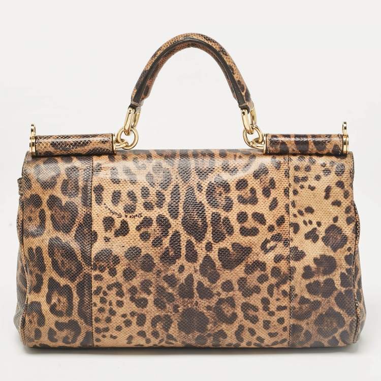 Pre Owned Dolce & Gabbana Brown Leopard Print Lizard Leather Top Handle Bag