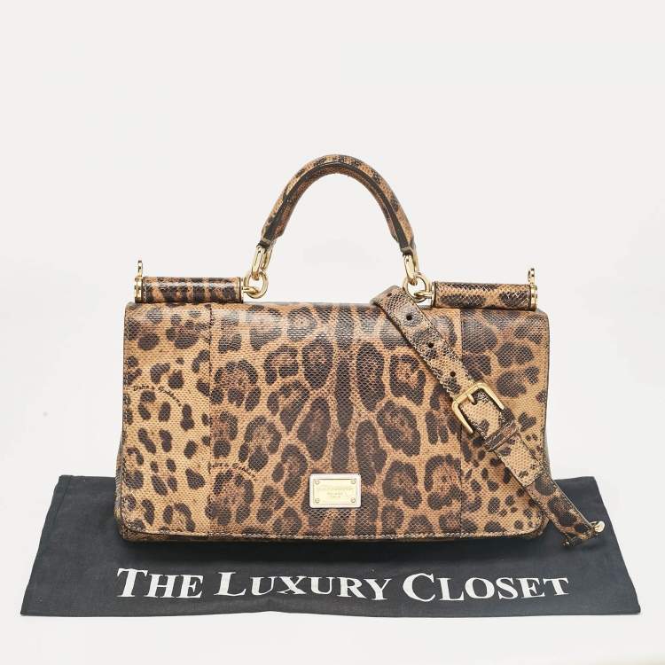 Pre Owned Dolce & Gabbana Brown Leopard Print Lizard Leather Top Handle Bag