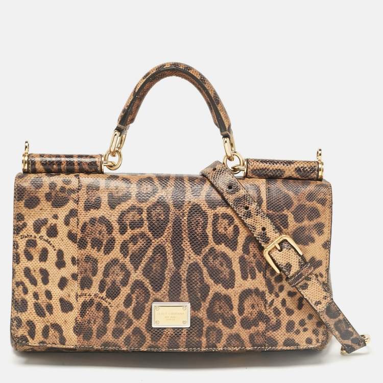 Pre Owned Dolce & Gabbana Brown Leopard Print Lizard Leather Top Handle Bag