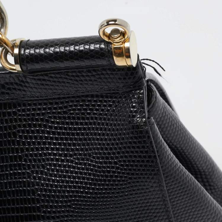 Pre Owned Dolce & Gabbana Black Lizard Embossed Leather Small Miss Sicily Top Handle Bag