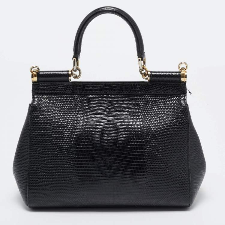 Pre Owned Dolce & Gabbana Black Lizard Embossed Leather Small Miss Sicily Top Handle Bag