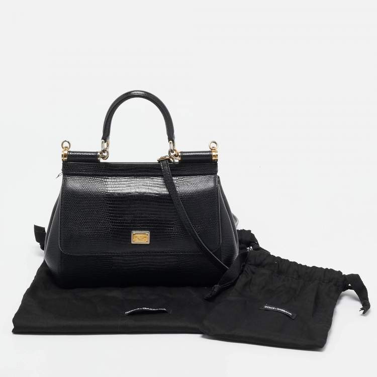 Pre Owned Dolce & Gabbana Black Lizard Embossed Leather Small Miss Sicily Top Handle Bag