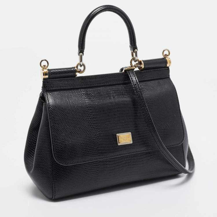 Pre Owned Dolce & Gabbana Black Lizard Embossed Leather Small Miss Sicily Top Handle Bag