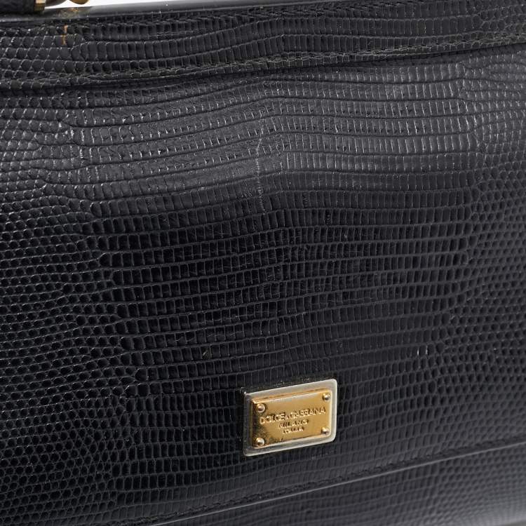 Pre Owned Dolce & Gabbana Black Lizard Embossed Leather Small Miss Sicily Top Handle Bag
