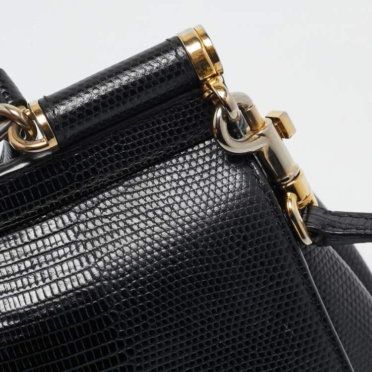 Pre Owned Dolce & Gabbana Black Lizard Embossed Leather Small Miss Sicily Top Handle Bag