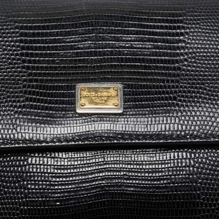 Pre Owned Dolce & Gabbana Black Lizard Embossed Leather Small Miss Sicily Top Handle Bag