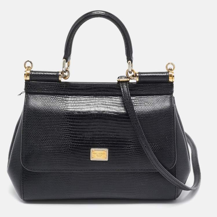 Pre Owned Dolce & Gabbana Black Lizard Embossed Leather Small Miss Sicily Top Handle Bag