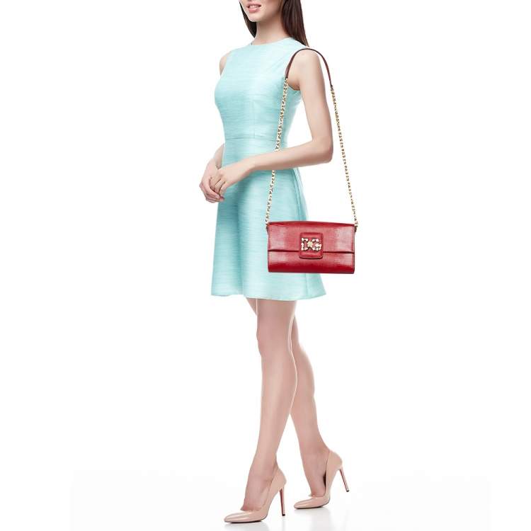 Pre Owned Dolce & Gabbana Red Lizard Embossed Leather DG Millennials Shoulder Bag