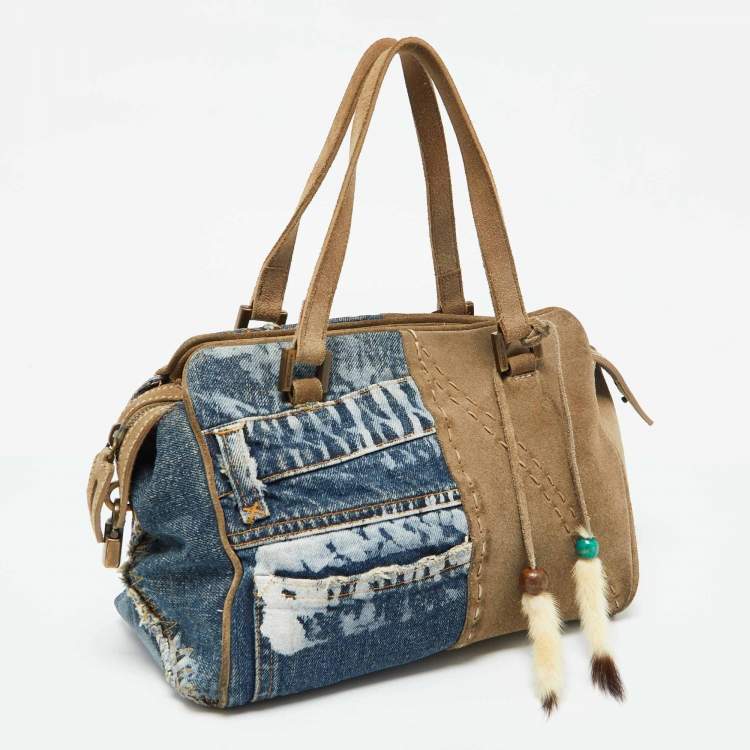 Pre Owned Dolce & Gabbana Blue/Beige Denim and Suede Satchel