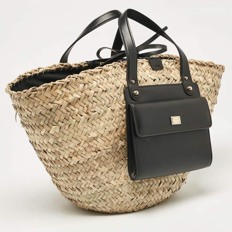 Pre Owned Dolce & Gabbana Natural/Black Raffia Kendra Basket Tote