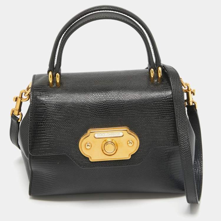 Pre Owned Dolce & Gabbana Black Lizard Embossed Leather Welcome Top Handle Bag