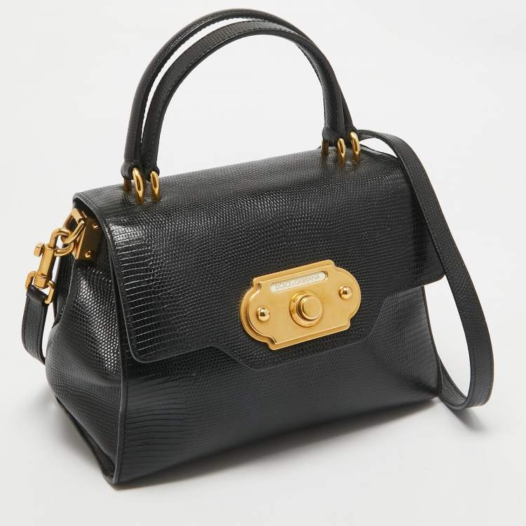 Pre Owned Dolce & Gabbana Black Lizard Embossed Leather Welcome Top Handle Bag