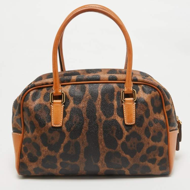مملوكة مسبقًا Dolce & Gabbana Brown/Black Leopard Coated Canvas and Leather Logo Satchel