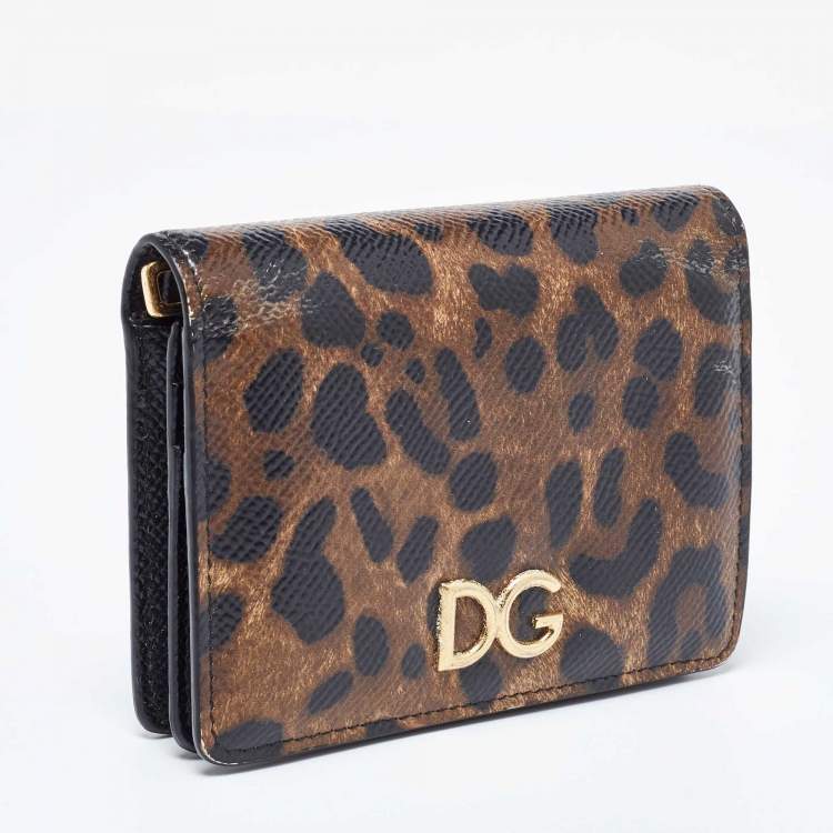 Pre Owned Dolce & Gabbana Brown Leopard Print Leather DG Logo Compact Wallet