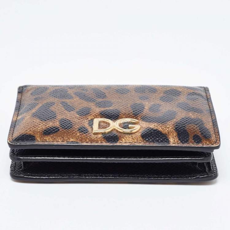 Pre Owned Dolce & Gabbana Brown Leopard Print Leather DG Logo Compact Wallet
