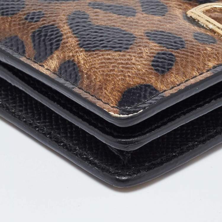 Pre Owned Dolce & Gabbana Brown Leopard Print Leather DG Logo Compact Wallet