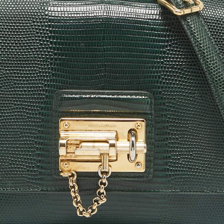 Pre Owned Dolce & Gabbana Green Lizard Embossed Leather Small Miss Monica Top Handle Bag