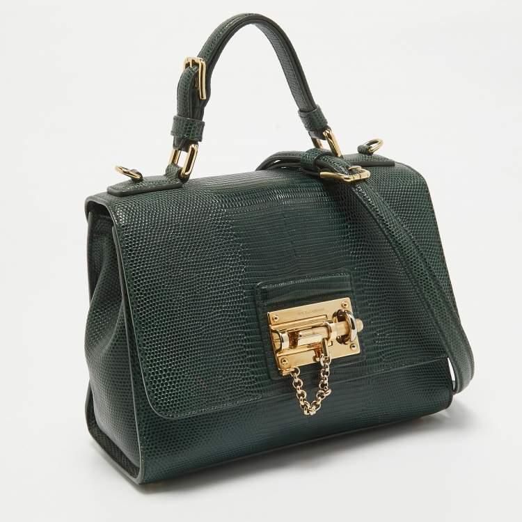 Pre Owned Dolce & Gabbana Green Lizard Embossed Leather Small Miss Monica Top Handle Bag