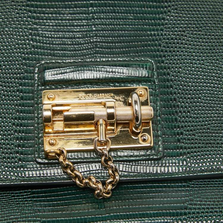 Pre Owned Dolce & Gabbana Green Lizard Embossed Leather Small Miss Monica Top Handle Bag