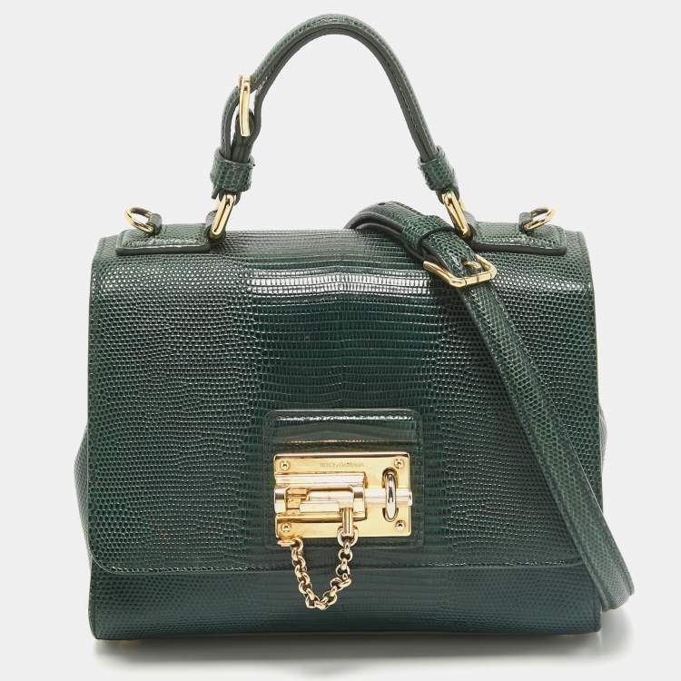 Pre Owned Dolce & Gabbana Green Lizard Embossed Leather Small Miss Monica Top Handle Bag