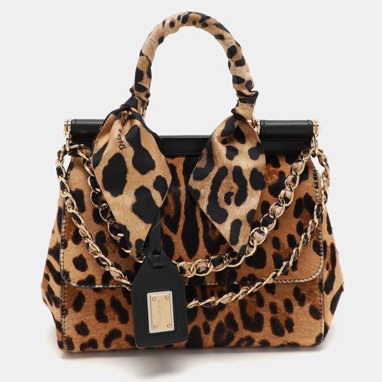 Pre Owned Dolce & Gabbana Beige/Black Calf Hair and Leather Miss Sicily Top Handle Bag