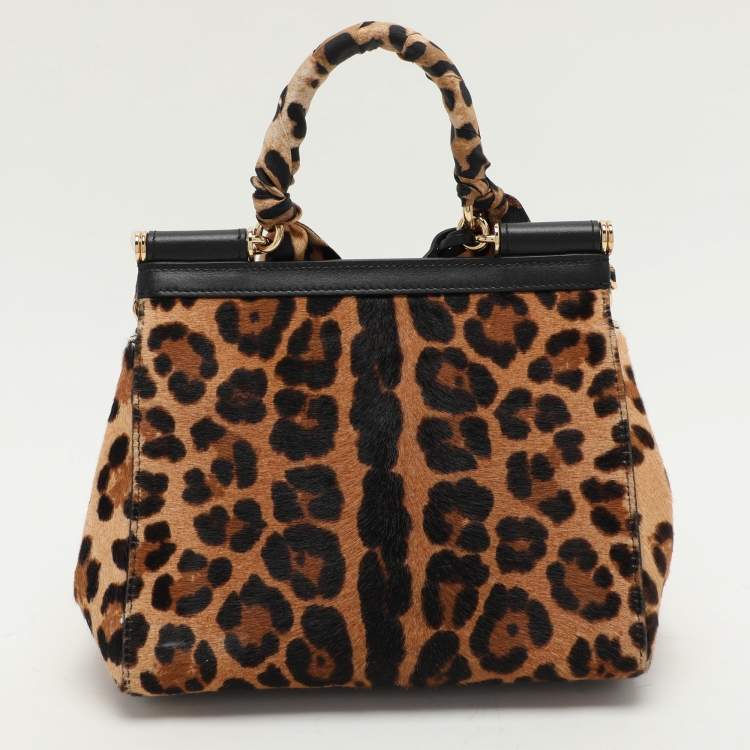 Pre Owned Dolce & Gabbana Beige/Black Calf Hair and Leather Miss Sicily Top Handle Bag