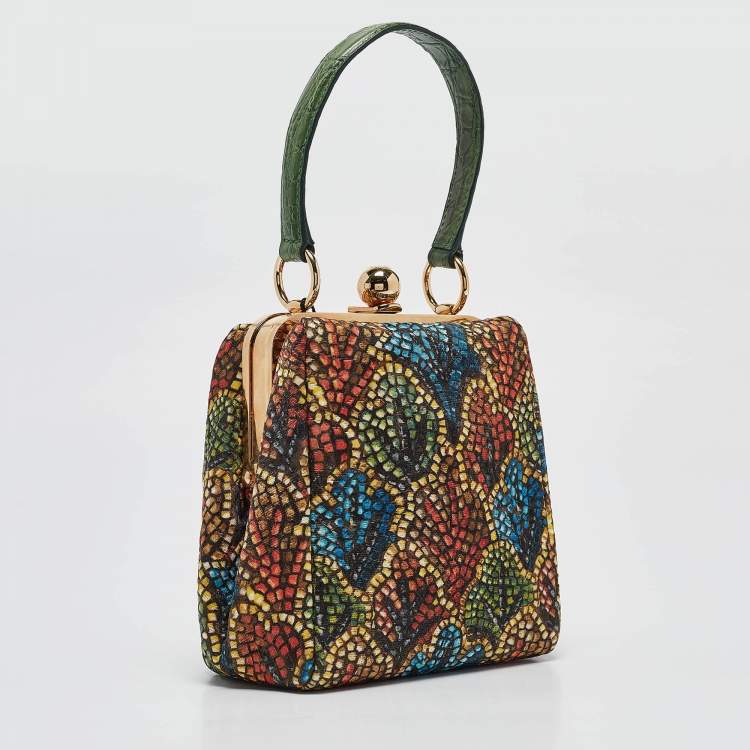 Pre Owned Dolce & Gabbana Multicolor Printed Fabric and Crocodile Frame Top Handle Bag