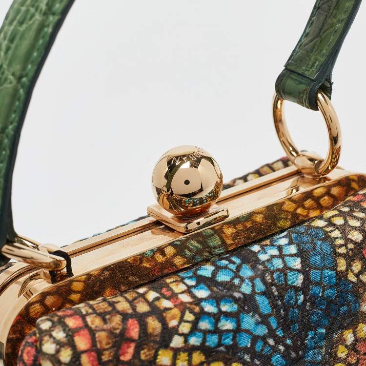 Pre Owned Dolce & Gabbana Multicolor Printed Fabric and Crocodile Frame Top Handle Bag