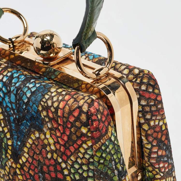 Pre Owned Dolce & Gabbana Multicolor Printed Fabric and Crocodile Frame Top Handle Bag