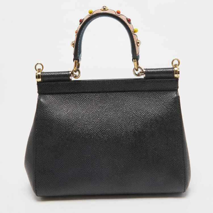 Pre Owned Dolce & Gabbana Black Leather Small Studded Miss Sicily Top Handle Bag