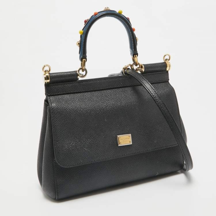 Pre Owned Dolce & Gabbana Black Leather Small Studded Miss Sicily Top Handle Bag