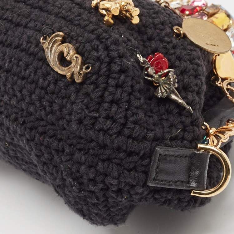 Pre Owned Dolce & Gabbana Black Crochet Embellished Frame Chain Bag