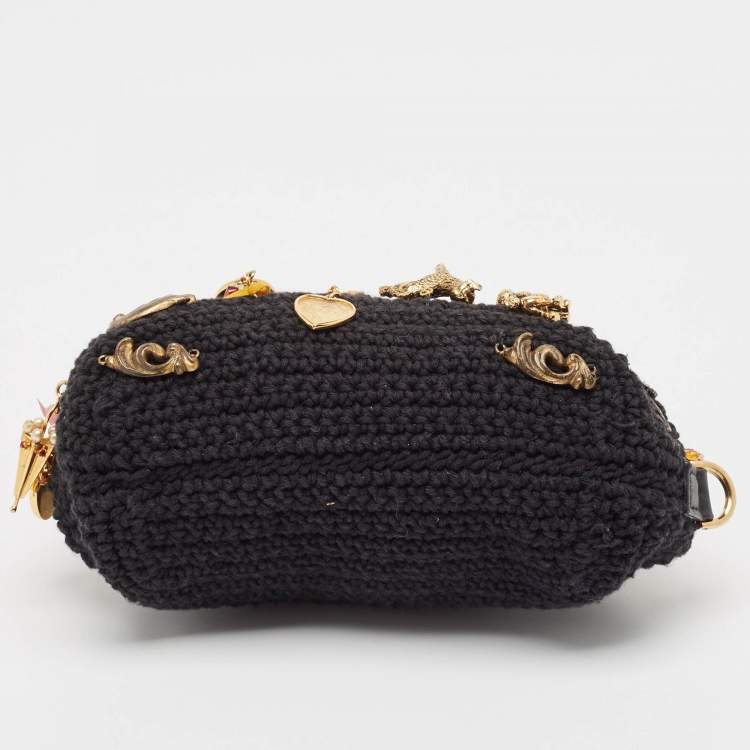 Pre Owned Dolce & Gabbana Black Crochet Embellished Frame Chain Bag
