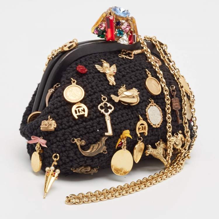 Pre Owned Dolce & Gabbana Black Crochet Embellished Frame Chain Bag